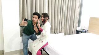 Cute girl with selfie left by showing and mobile recording