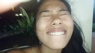 Tiny-titted Asian babe plays with herself outdoors