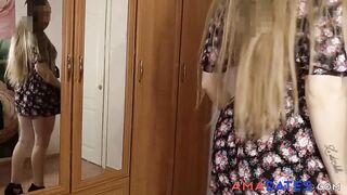 Blonde Russian babe with a big ass fucks in front of a mirror
