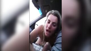 Blonde Amateur Babe Gives Blowjob and Swallows Cum in a Car
